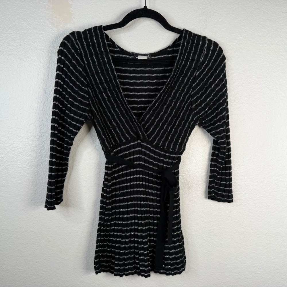 Wet Seal Women's Top Black Silver Stripes Sz M Y2K 90's Babydoll Belted